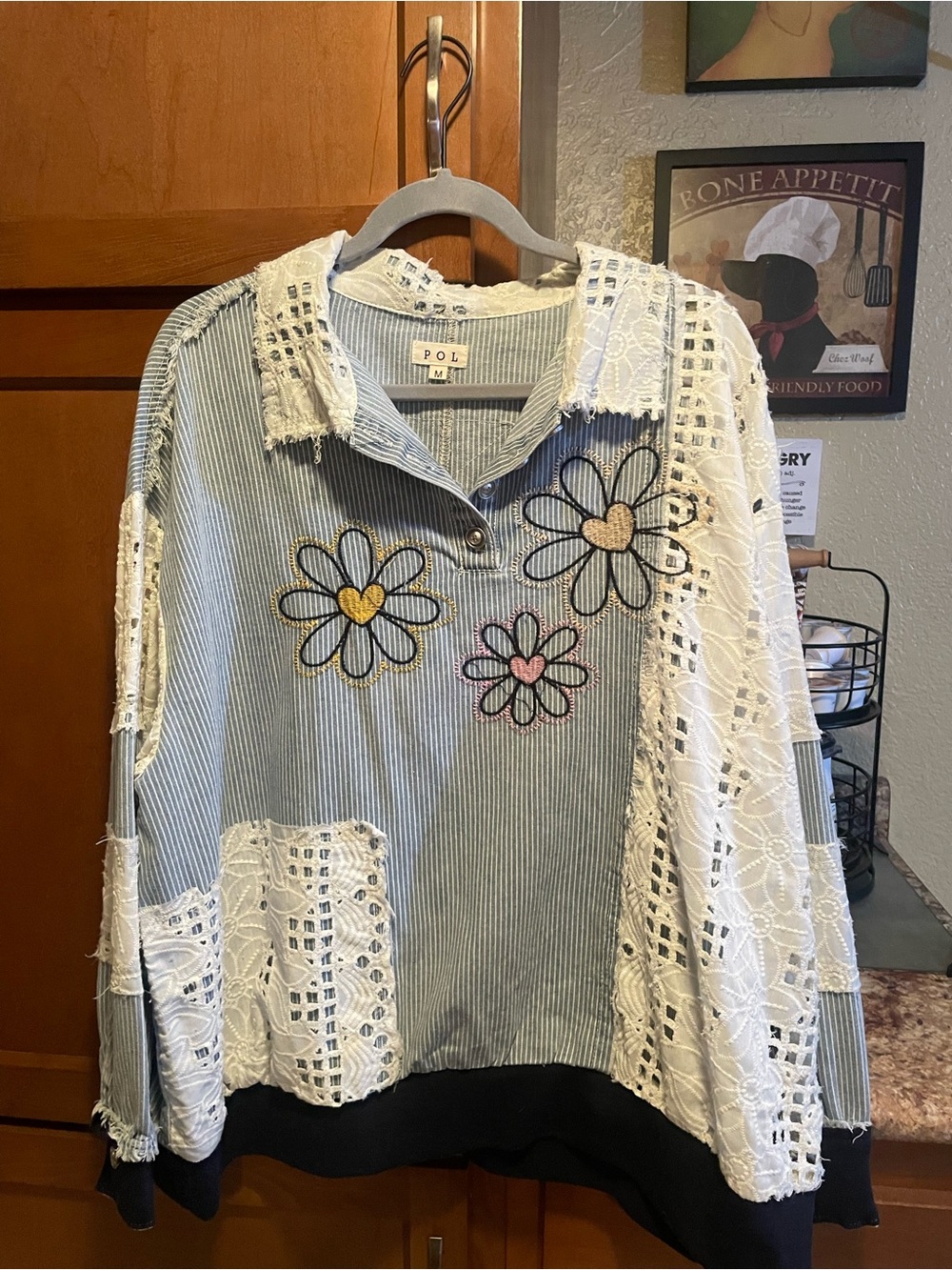 POL Light Blue Striped Collared Top with Daisy Embroidery